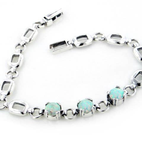 Sterling Silver 3-Stone Created White Opal Link Bracelet 7" for wholesale by Silver Insanity