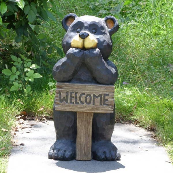 Hi-Line Gift Ltd. - Wholesale Outdoor Sign - Bear Leans On Welcome Sign