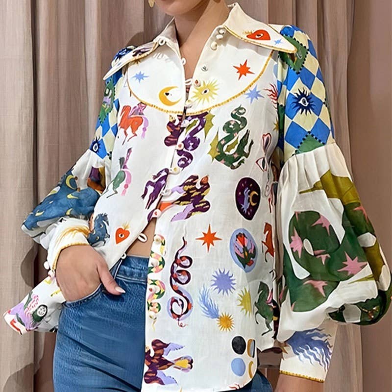 PRINTING Loose Casual Cartoon Printed Lapel Long Sleeve Shirt for wholesale on Faire1