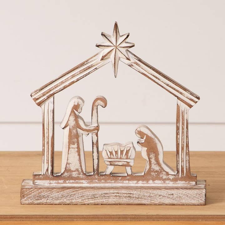 Whitewashed Carved Wood Nativity (Pk/02) for wholesale by Audrey's Home & Gift