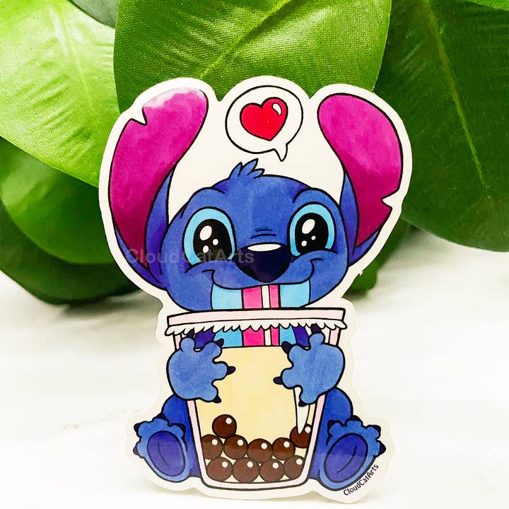 Cloud Cat Arts - Wholesale Sticker - Stitch Blue Alien with Boba Sticker - Kawaii Bubble Tea2