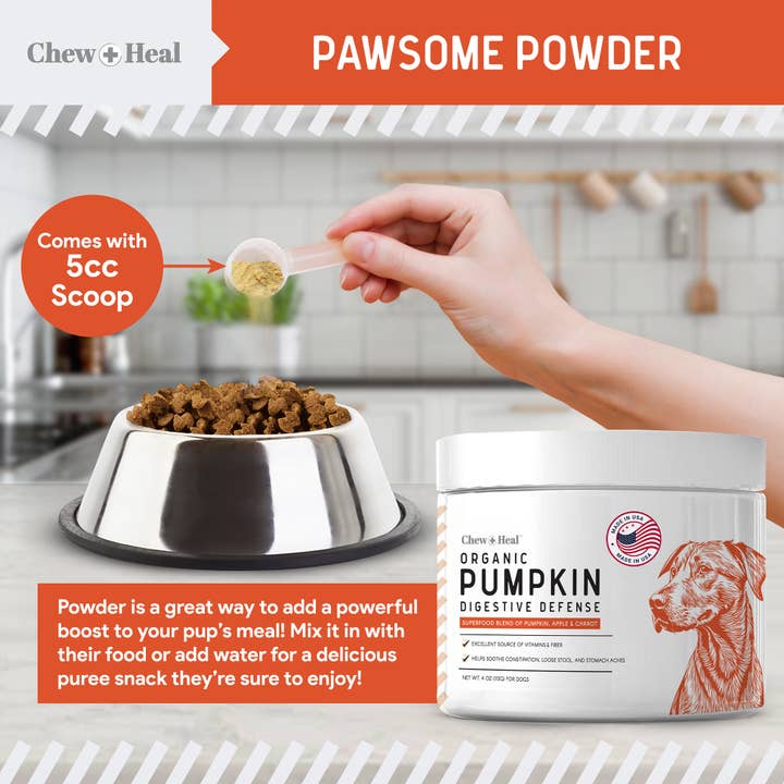 Chew + Heal - Venta al por mayor Suplemento - Perros - Mezcla orgánica en polvo de calabaza para perros, defensa digestiva4