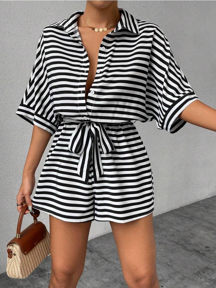 Wholesalesir - Wholesale Romper - Women's - Striped Lapel Button Waistband Shorts Jumpsuit