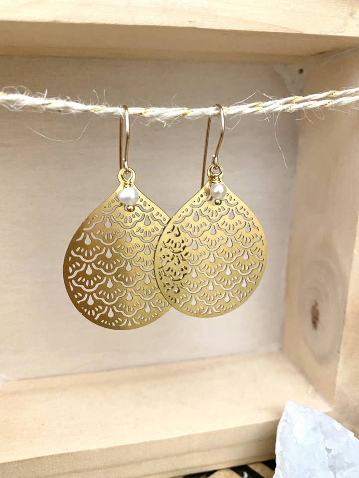 Filigree Teardrop Earrings with Freshwater Pearls - 14k gold for wholesale by Pyrite and Pearls
