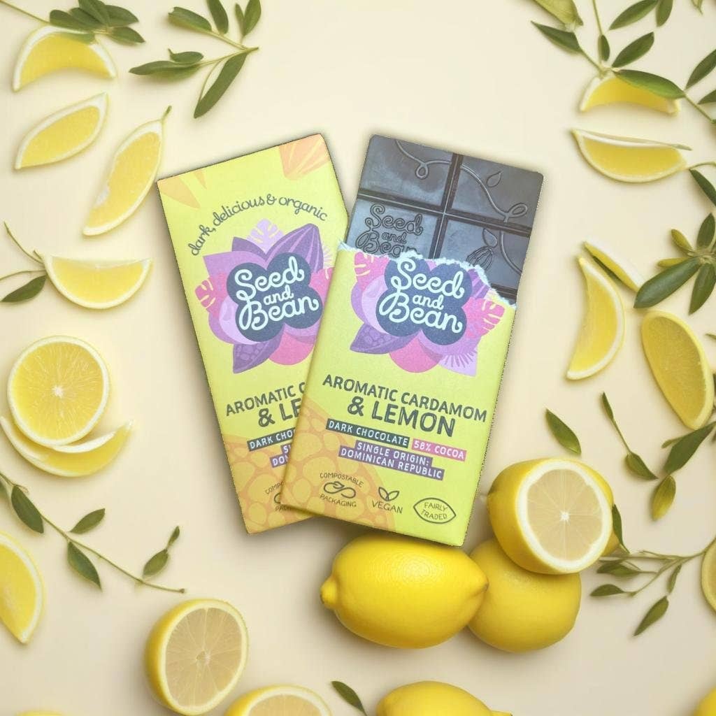 Seed & Bean  [No duties when shipping to US!] – wholesale Chocolate bar – LEMON & CARDAMOM  DARK VEGAN CHOCOLATE 75G BAR (58% COCOA)1