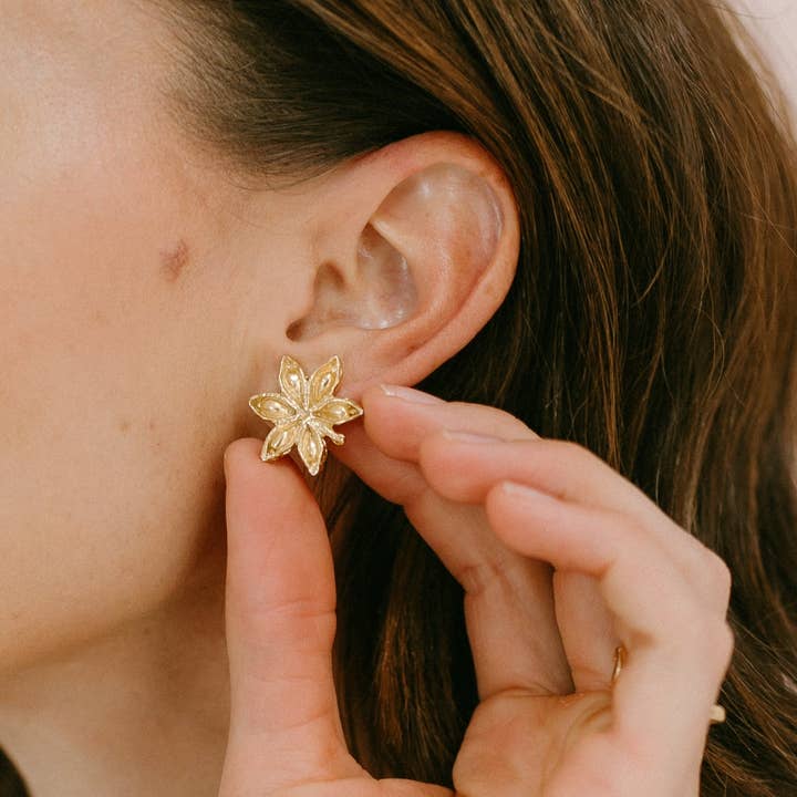 Chai Star Anise Cast Dangle Earrings 14K Gold Plated for wholesale by Laura Elizabeth