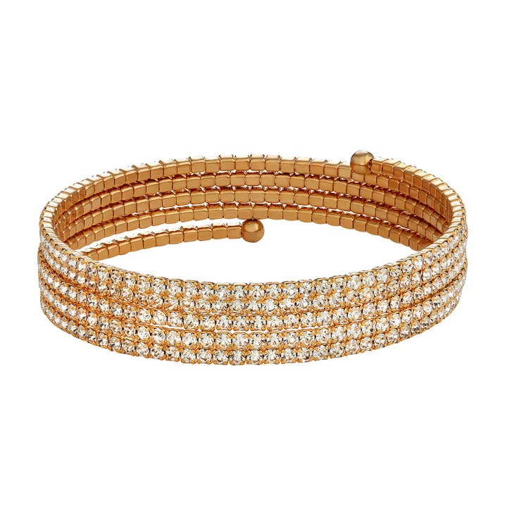 Bracelet métallique à 5 rangs en métal doré avec cristaux blancs étincelants pour la vente par Luxe on Main LLC