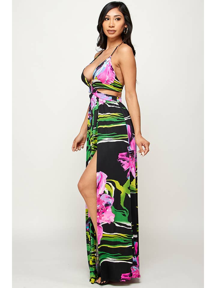 Black combo Flower Print Maxi Dress for wholesale on Faire4