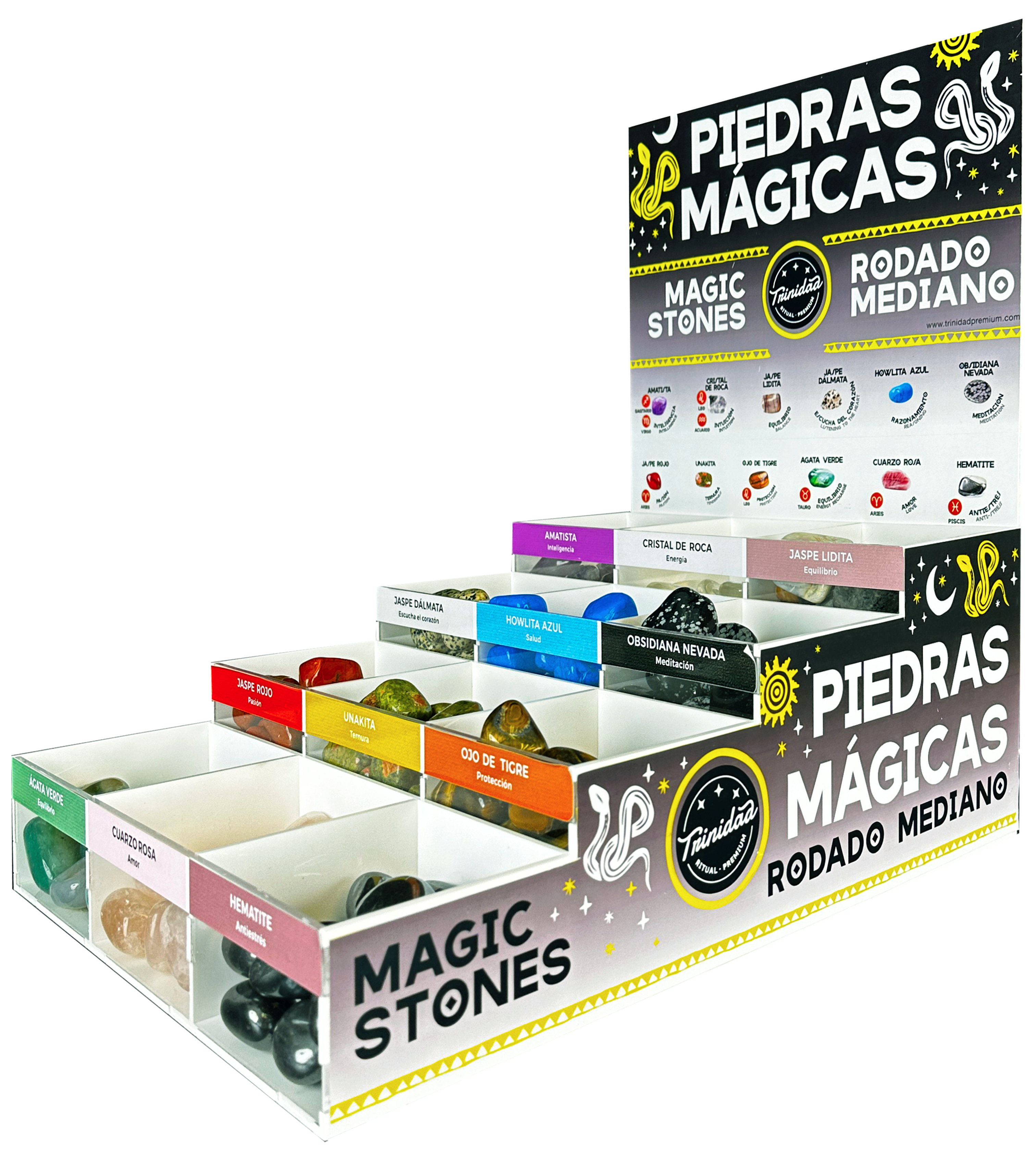 trinidad - Vendita all'ingrosso Pietra/cristallo spirituale - Espositore mobile grande con 12 scomparti per minerali1