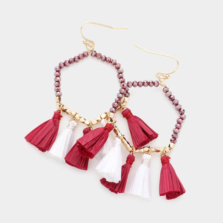Sensibling Corp. - Wholesale Tassel Earrings - Game Day Beaded Open Hexagon Raffia Tassel Dangle Earrings