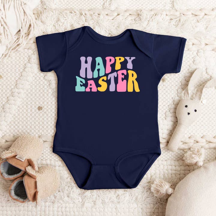 Happy Easter Wavy Colorful | Baby Graphic Short Sleeve Onesie for wholesale by Olive And Ivory Wholesale