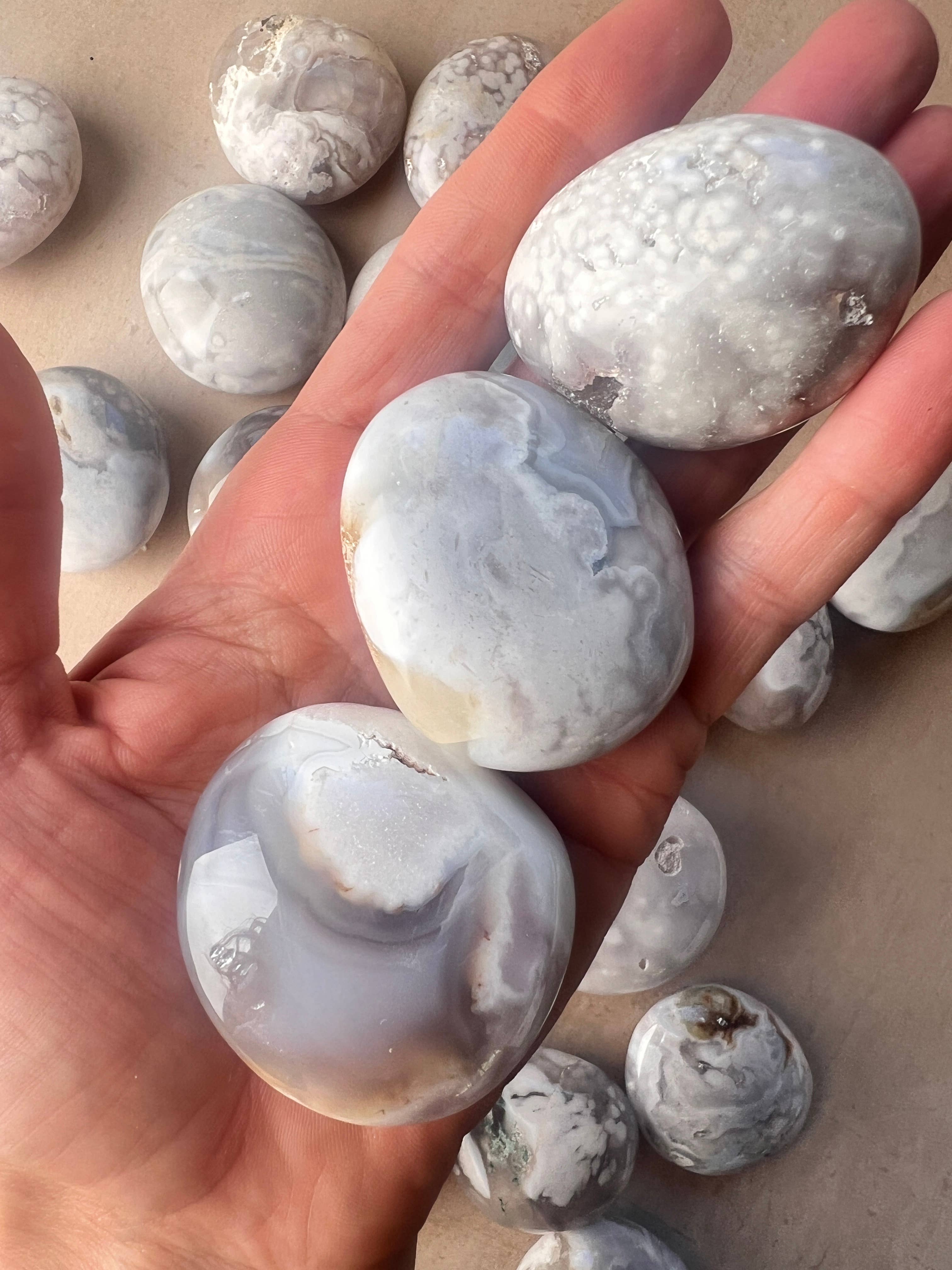 Terra Dawn Minerals - Wholesale Spiritual Stone/Crystal - Orbicular Flower Agate with Amethyst Palm Stones2