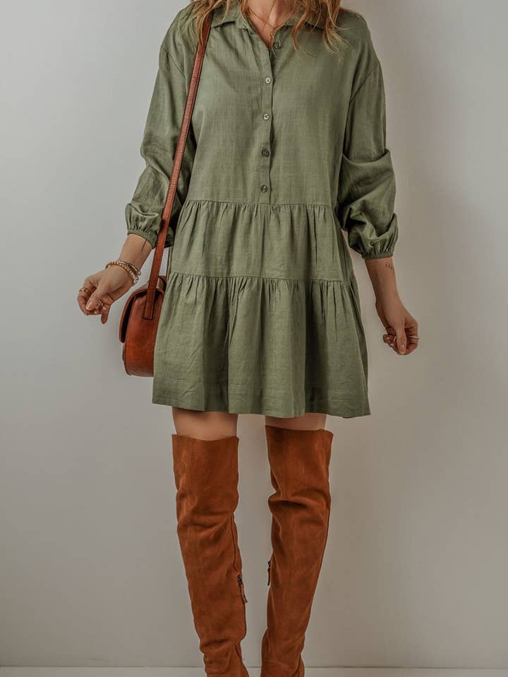 Tiered Collared Neck Balloon Sleeve Shirt Dress for wholesale by ClassiQ