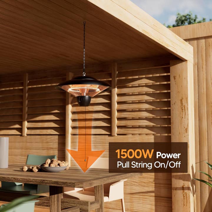 Outdoor Patio Heater, 1500W Electric Hanging Heater, Ceiling Mounted Heater for Balcony, Infrared Heater for Courtyard, Garage, Overheat Tip-Over Protection, Waterproof, Adjustable Height, Black for wholesale on Faire