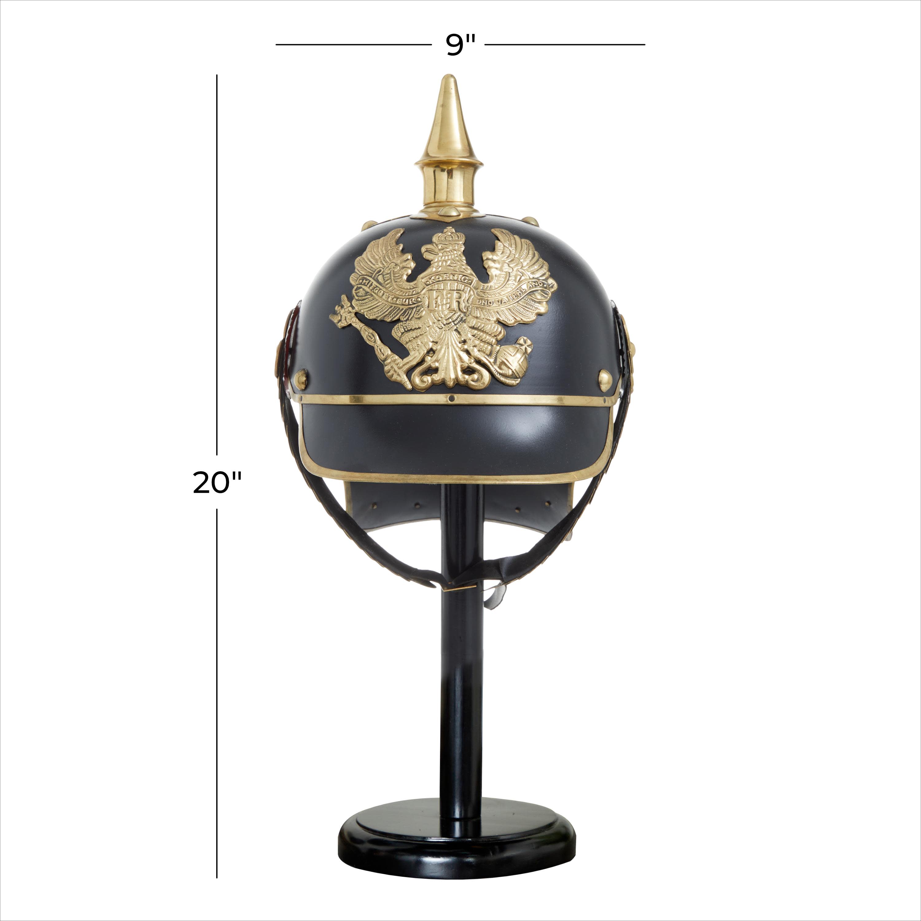 Import Corner – wholesale Decorative tabletop object – A-82622: METAL HELMET WITH WOOD STAND 9"W, 20"H2