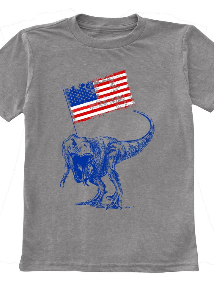 Heather Gray T-Rex American Flag Tee for wholesale by Urban Smalls