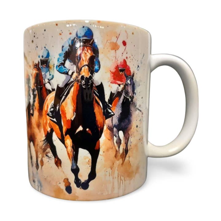 Racehorses and Jockeys Coffee Mug, Water Colour Style for wholesale by Rockways Designs