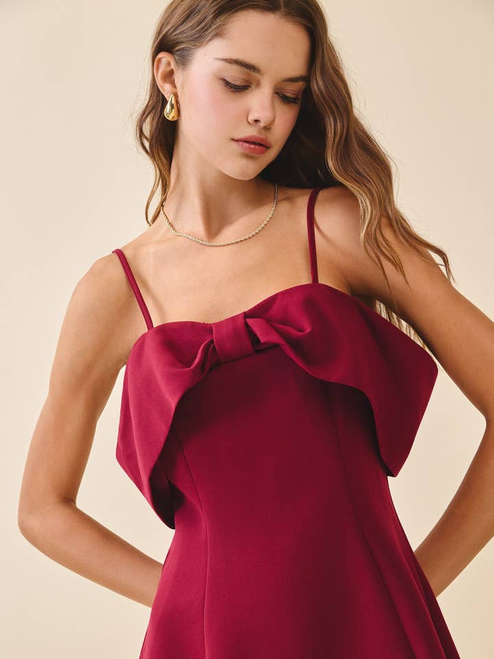 Burgundy CD06248-Oversized Front Bow Detail Fit And Flare Dress for wholesale on Faire0
