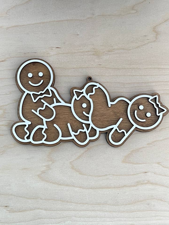 Polyamorous Throuple Faux-Gingerbread Wooden Ornament for wholesale by BUBBLEHEAD INK
