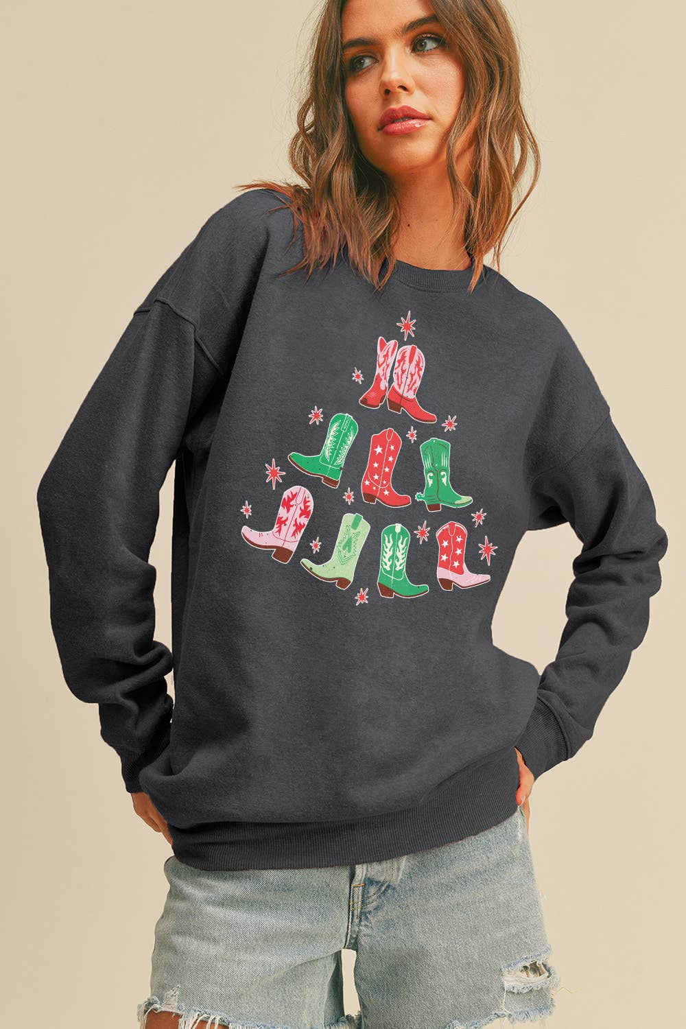 Honestee - Wholesale Sweatshirt - Women's - Cowboy Boots Christmas Tree Long Sleeve Sweatshirt1