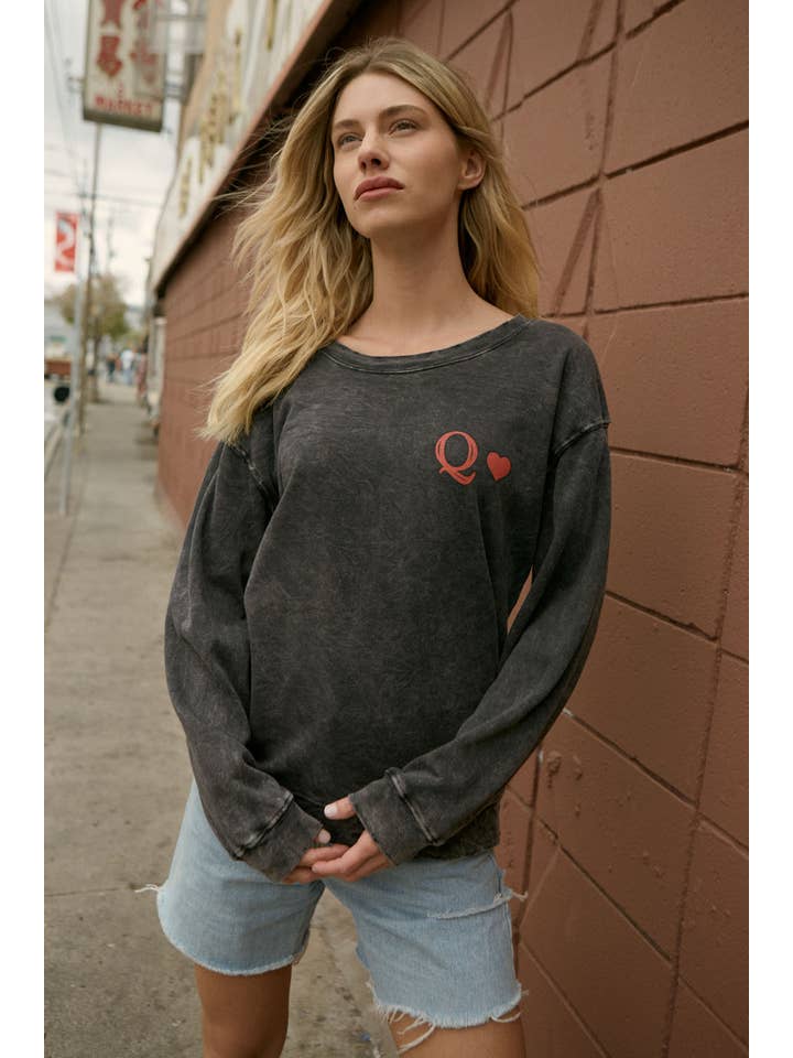 Charcoal Queen of Hearts Vintage Wash Graphic Sweatshirt for wholesale on Faire
