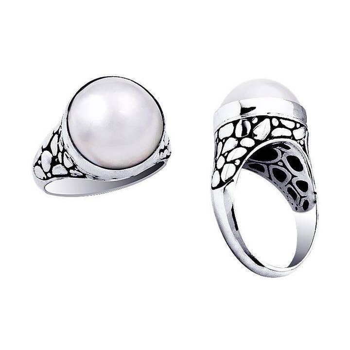 Bague en argent sterling avec perle blanche Mabe et design de galets AR-1000-PE en gros – Bijoux artisanaux en vrac pour la vente par Bali Designs