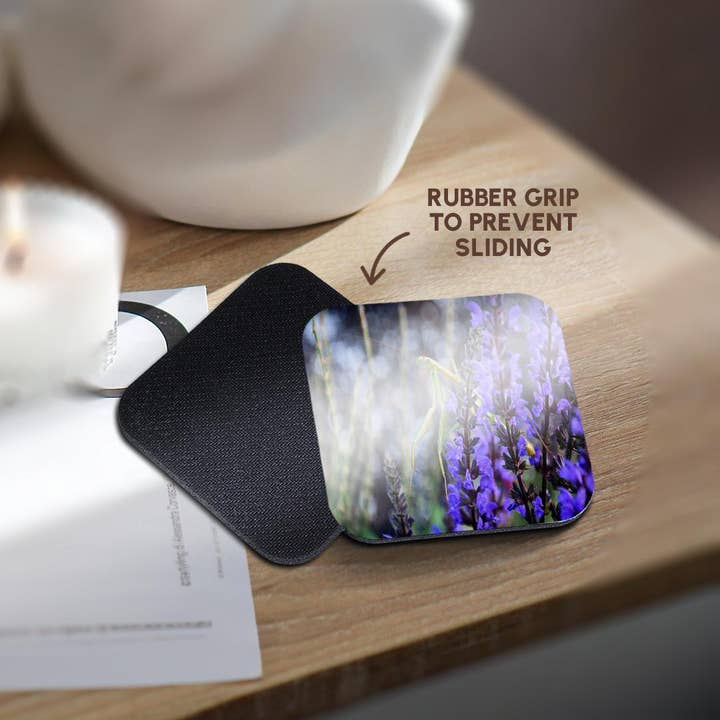 3dRose - Wholesale Coasters - 3dRose, Praying Mantis sitting in blue flowers , Coaster10