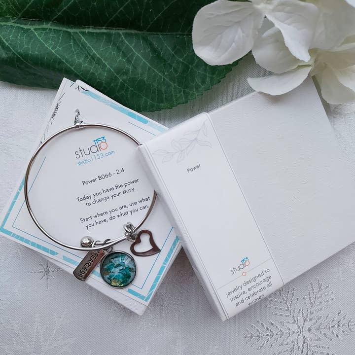 Bangle Charm Bracelet, Power, Hand Painted Glass Cabochon for wholesale by Studio 1153