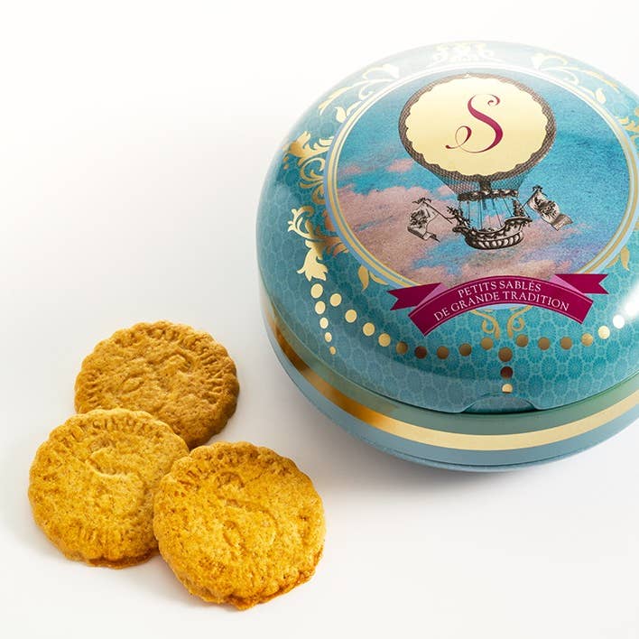 "Montgolfière" Caramel Shortbread Cookies Round Metal Tin for wholesale by LA SABLESIENNE