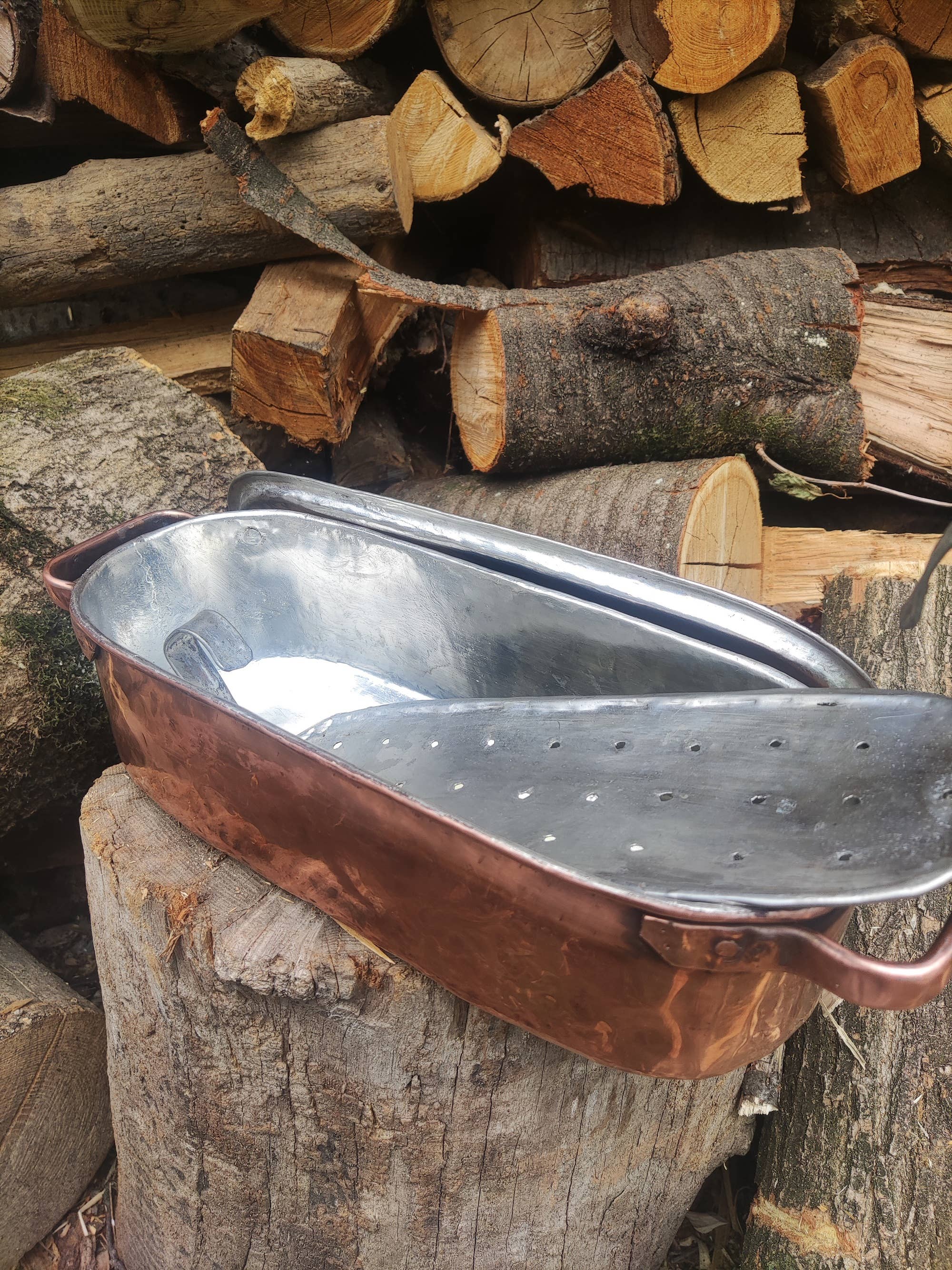 La Casa del rame – wholesale Kastrull – Handgjord oval koppargryta för fisk med perforerat aluminiumgaller3