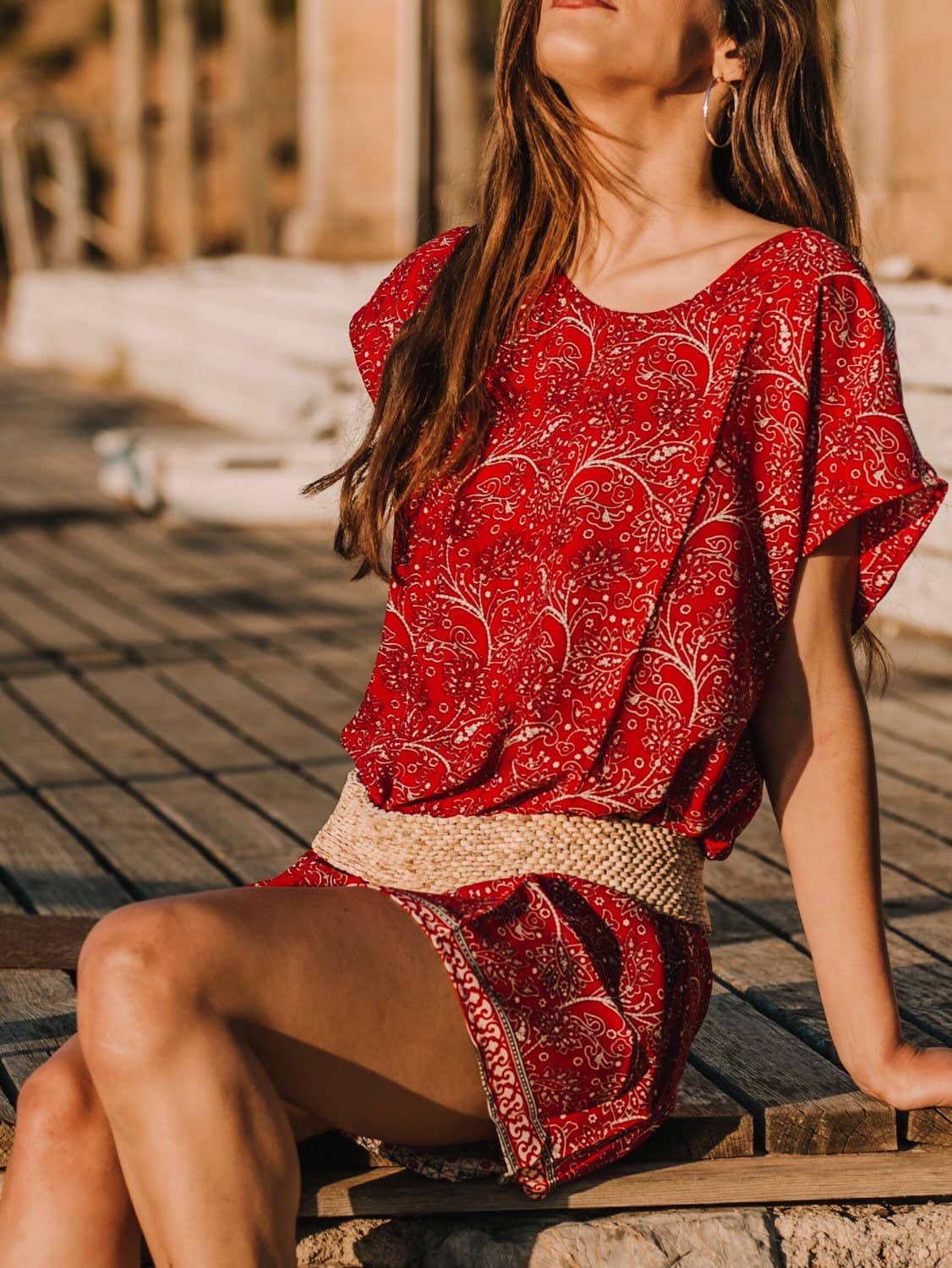 Miss Kitsch – wholesale Dress – Women's – Red Short Dress, Boho Dress, Summer Dress, Beach Dress, Resort Wear, Blouse Dress, Holiday Dress, Short Dress with Sleeve Corfu Dress6