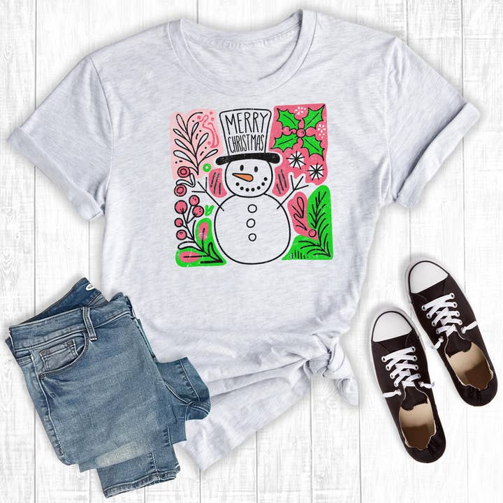 Retro Floral Merry Christmas Snowman Graphic Tee for wholesale by Rebel Rose