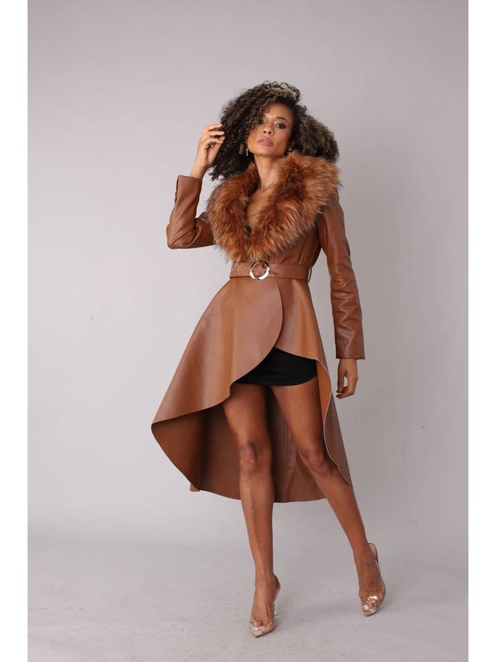 For Her NYC - Wholesale Fur/Faux Fur Coat - Women's - Leather Coat with Fur Collar -820546