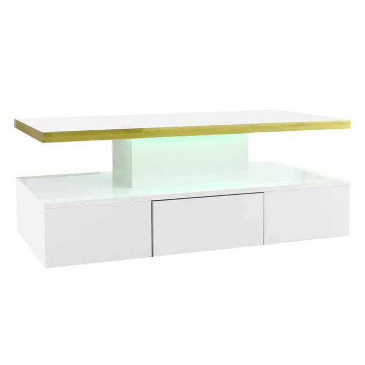 Moderne hvidlakeret sofabord med LED-belysning og gylden kant 100x50x38,5cm IONMOOR for engroshandel hos Urban Meuble