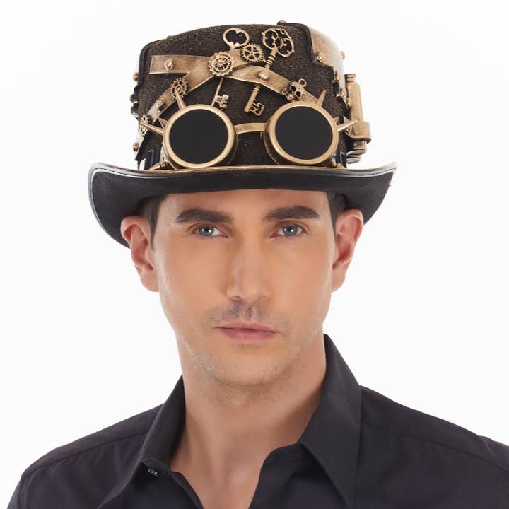 Sombrero de copa con gafas de steampunk doradas para venta al por mayor de KBW Global Corp.