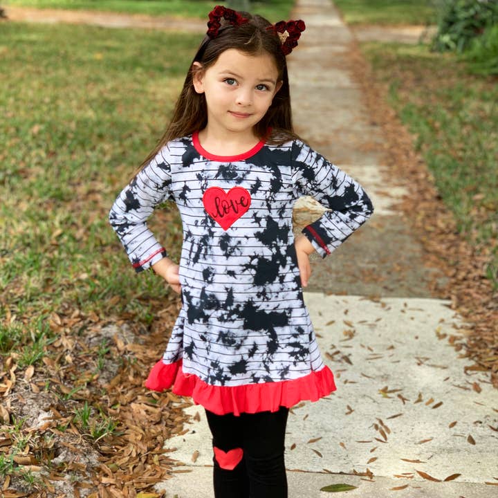AnnLoren – wholesale Top & leggings set – Kids – Girls Red Heart Tie Dye Dress Leggings Valentine's Clothing12