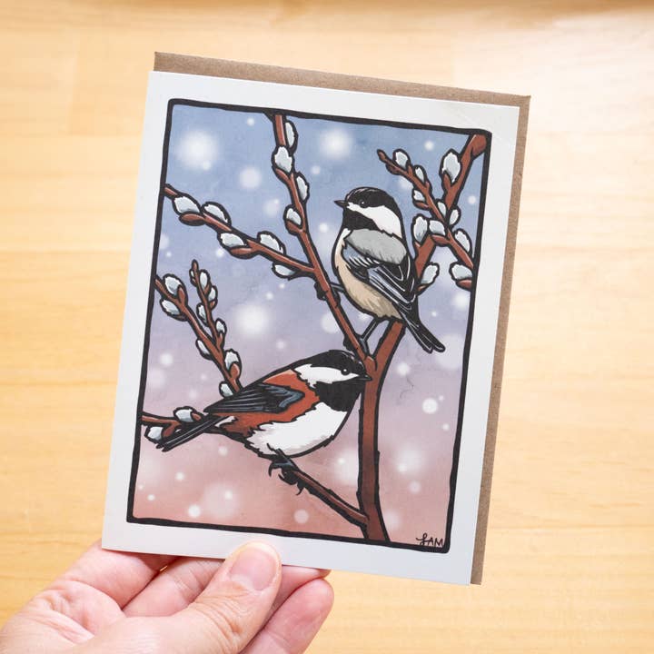 Black-capped and Chestnut-backed Chickadees Greeting Card 10 for wholesale by Laurel Mundy Illustration