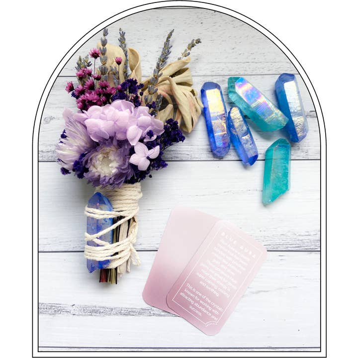 Bohokind - Wholesale Meditation supplies - Dried Flower Wand with Blue Aura Crystal