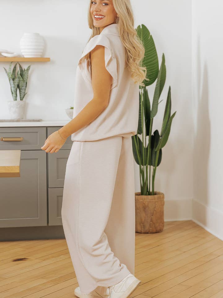 Apricot Textured Ruffled Sleeve Zipped Top and Wide Leg Pants Set for wholesale on Faire4