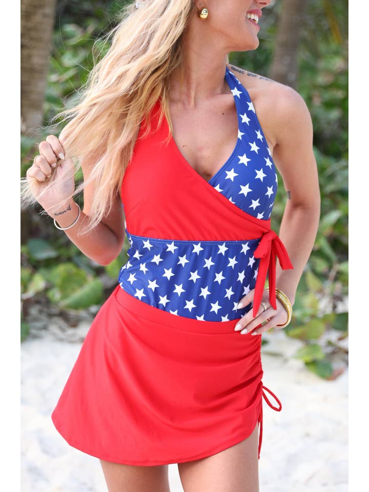 Red Blue Liberty Wave Halter Swimsuit, Red/Blue for wholesale on Faire3