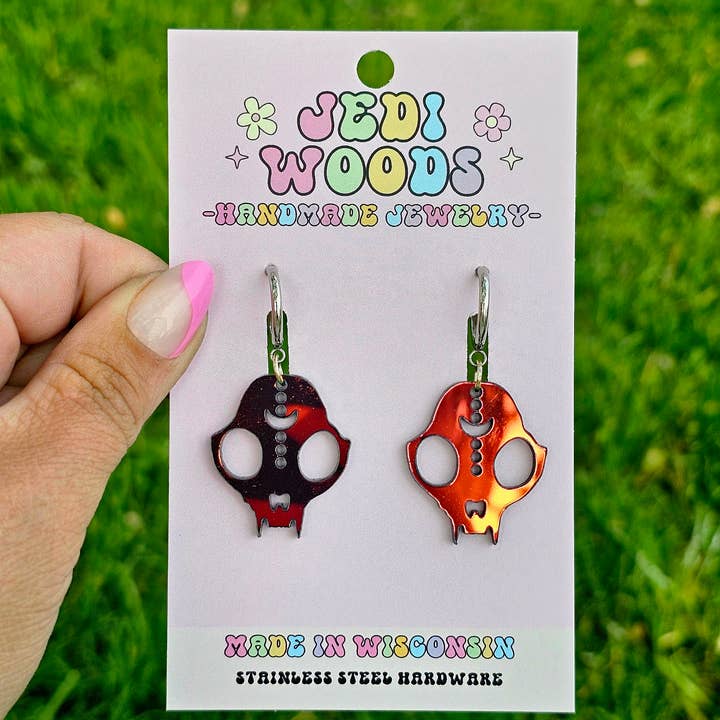 Acrylic Color Changing Cat Skull Earrings - Gauge Friendly for wholesale by Jedi Woods LLC