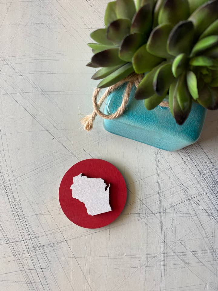 Wisconsin wood magnet - red and white dimensional magnet for wholesale by Novotny Designs
