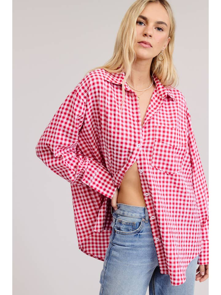 Mimosa - Wholesale Button Down Shirt - Women's - Oversized Gingham Button Down Shirt