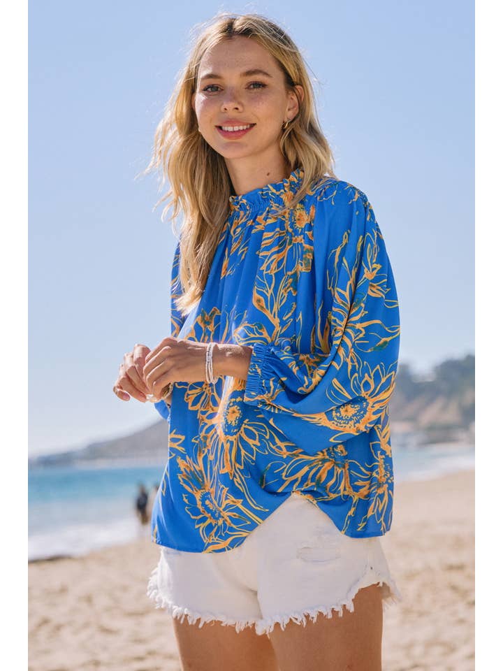 Blue Sunflower Plus Floral Ruffle Neckline Baby Doll Blouse for wholesale on Faire