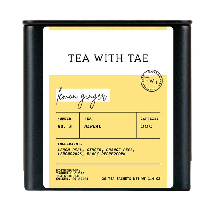 Lemon Ginger Herbal Tea Gift Tin (20 tea bags) for wholesale by Tea with Tae