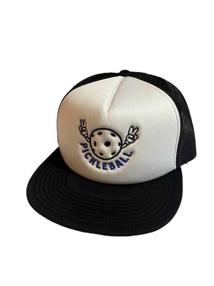 Casquette Pickleball Trucker « Peaches » The Peace Sign Pickleball (bord plat noir) pour la vente par B6B clothing and apparel