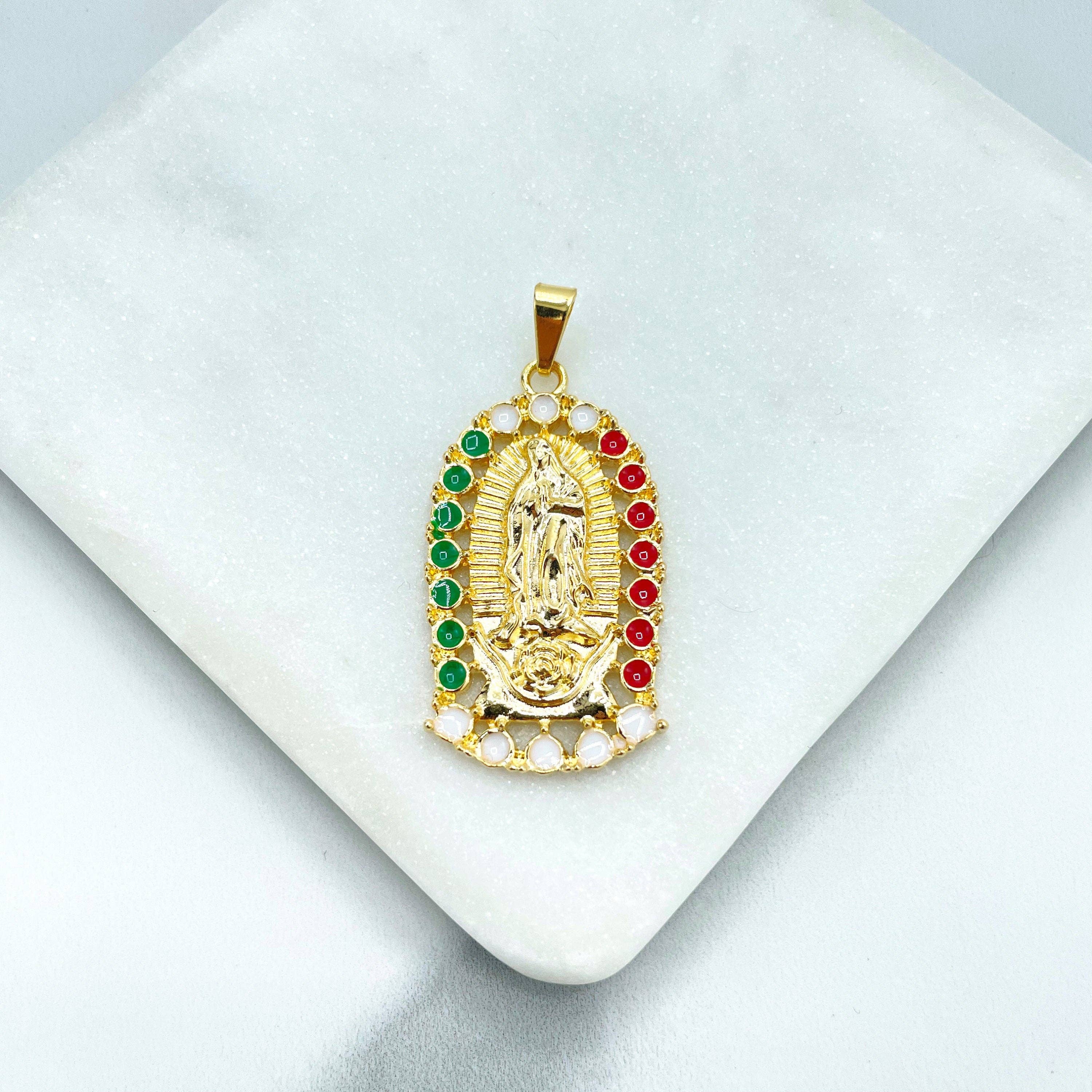 DIJU Jewelry - Vente Breloques/médailles personnalisées - Pendentif en or 18 carats orné d'une médaille représentant la Vierge de Guadalupe, drapeau mexicain de la Vierge de Guadalupe ou pendentif en perles simulées, vente en gros de bijoux1