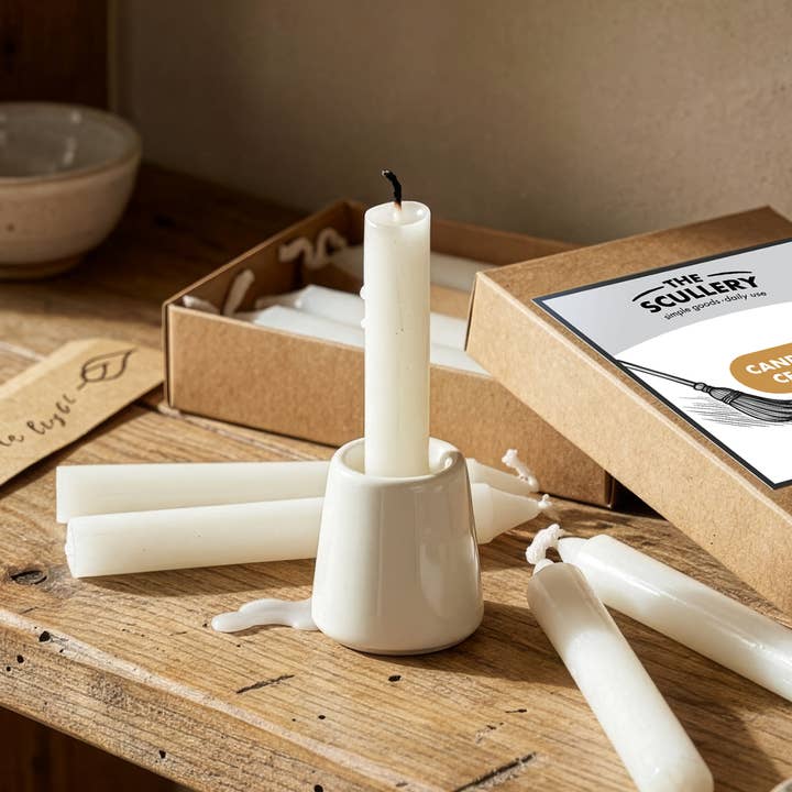 THE SCULLERY - 8 CANDLES & CERAMIC HOLDER for wholesale by Sting in the Tail Ltd
