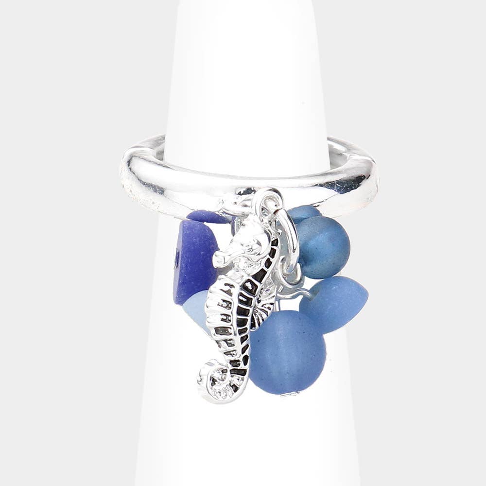 Sensibling Corp. - Wholesale Cocktail/Statement Ring - Sea Glass Metal Seahorse Dangle Stretch Ring3