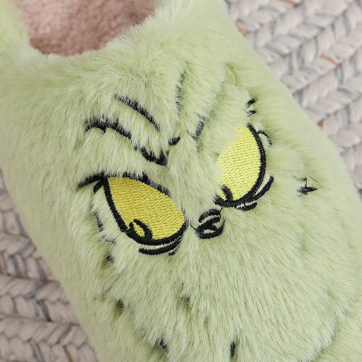 Green Christmas Grinch Plush Home Fuzzy Slippers for wholesale on Faire